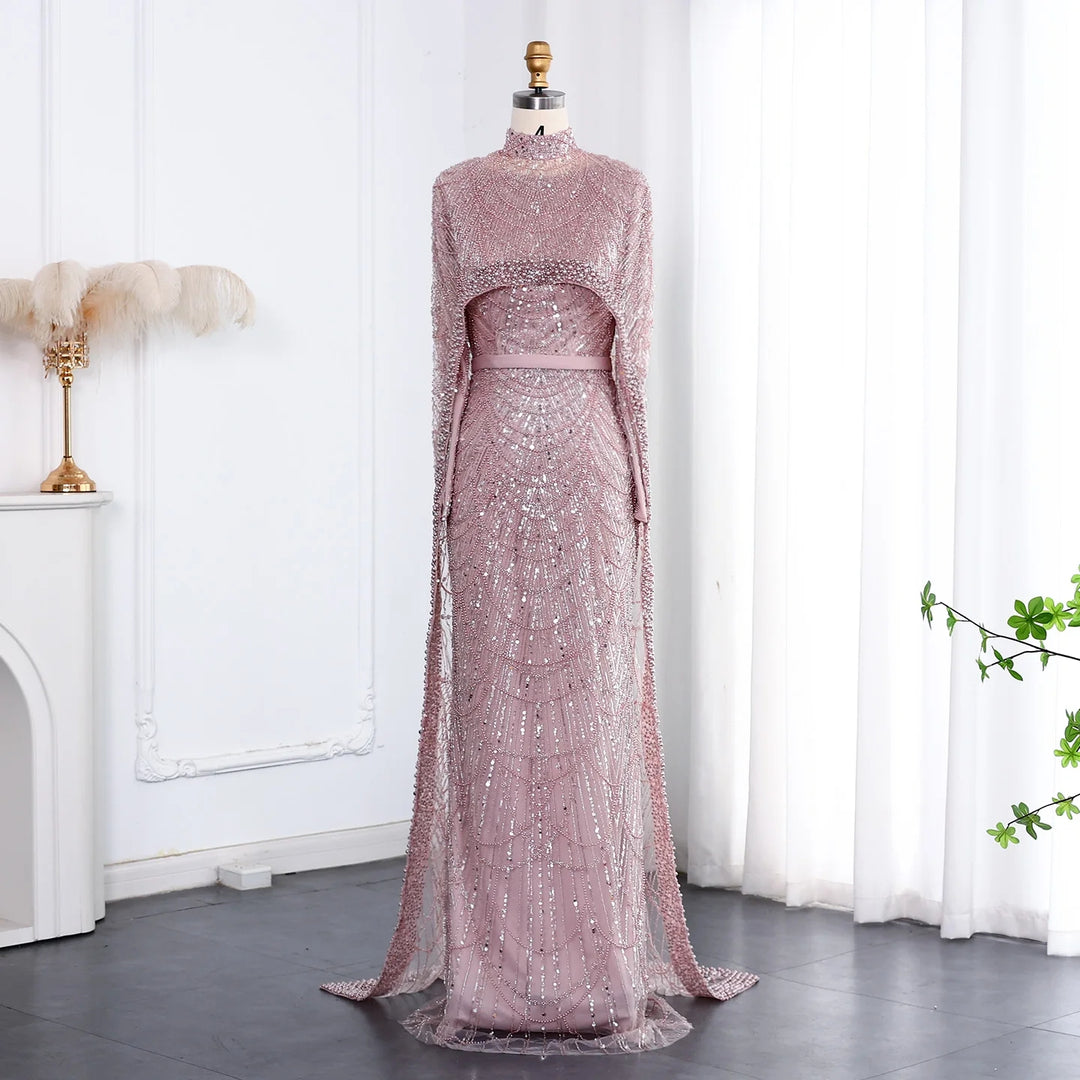 Nude Luxury Long Sleeves Muslim Evening Dresses with Cape SS369A Light Blue / 4 Nude Luxury Long Sleeves Muslim Evening Dresses with Cape SS369A Light Blue / 4