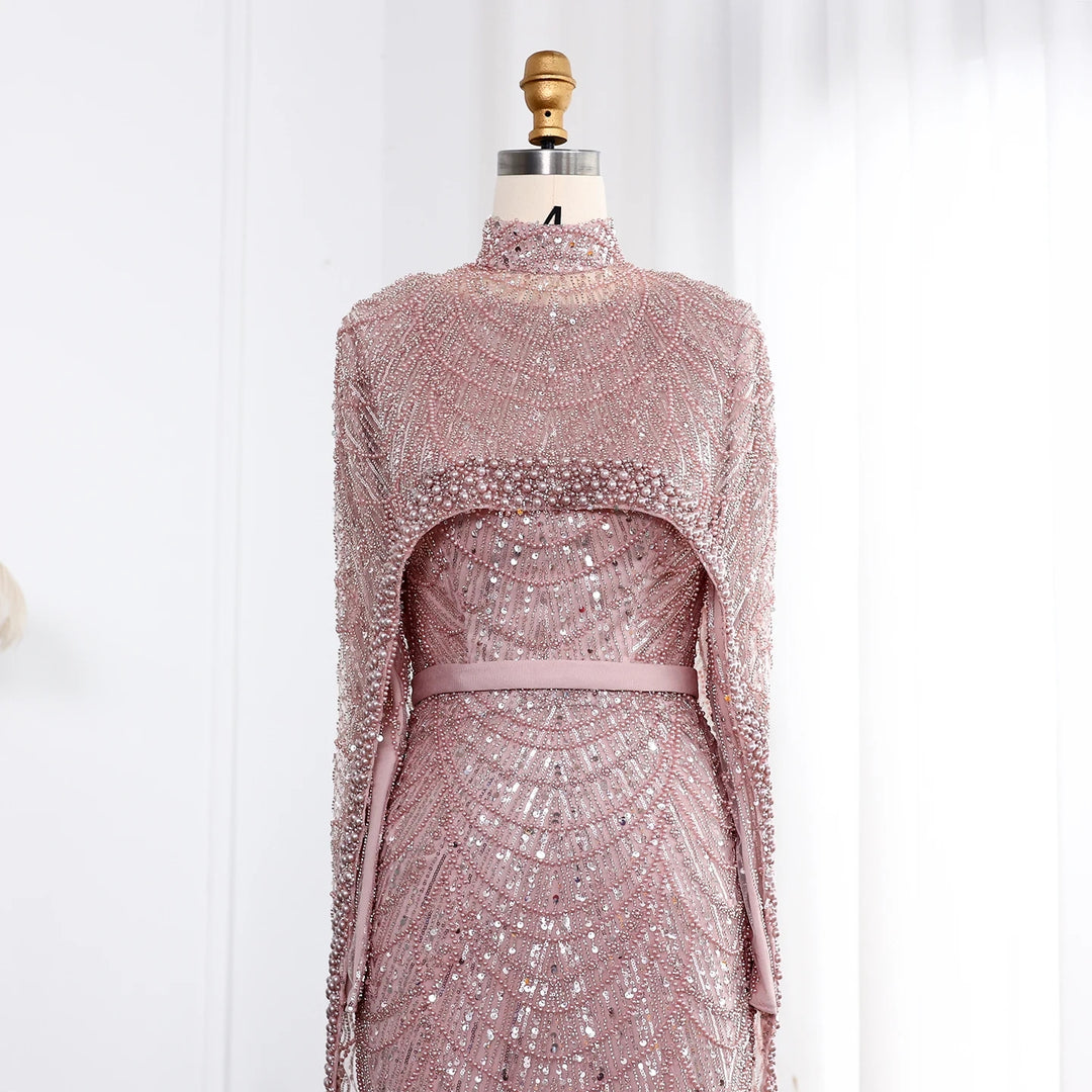 Nude Luxury Long Sleeves Muslim Evening Dresses with Cape SS369A