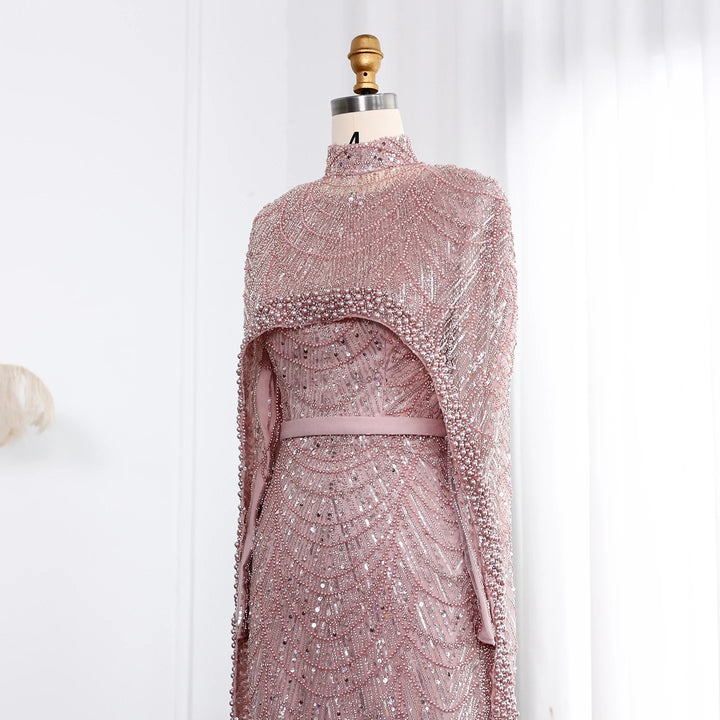 Nude Luxury Long Sleeves Muslim Evening Dresses with Cape SS369A