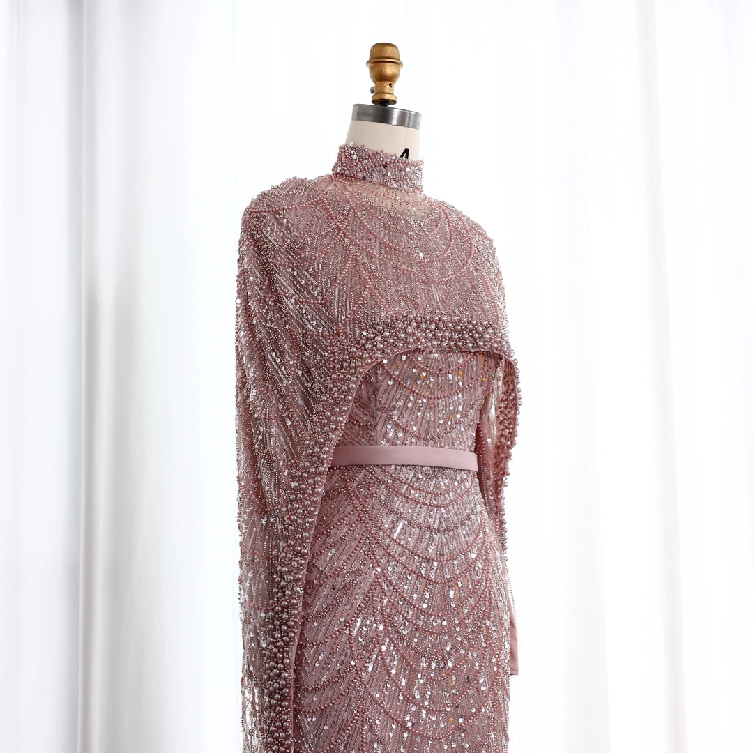 Nude Luxury Long Sleeves Muslim Evening Dresses with Cape SS369A