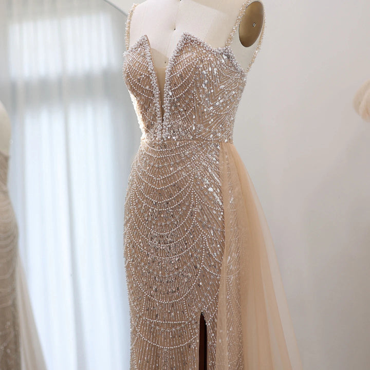 Nude Spaghetti Straps Mermaid Arabic Long Evening Dress SS611
