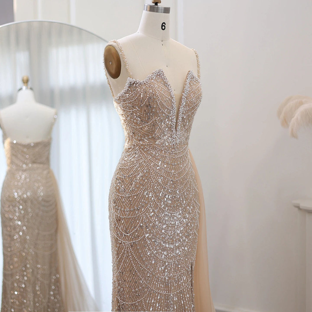 Nude Spaghetti Straps Mermaid Arabic Long Evening Dress SS611