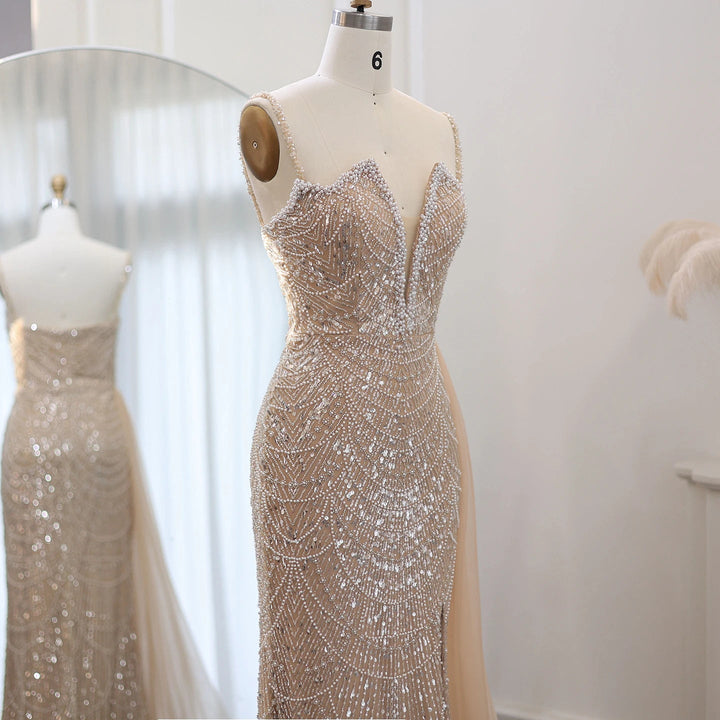 Nude Spaghetti Straps Mermaid Arabic Long Evening Dress SS611
