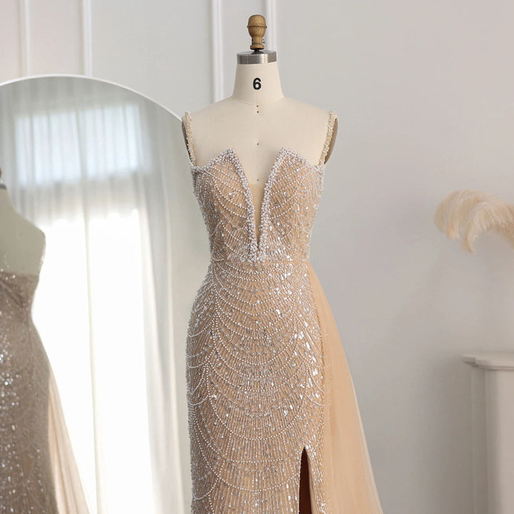 Nude Spaghetti Straps Mermaid Arabic Long Evening Dress SS611