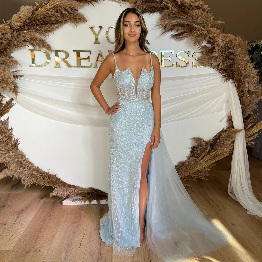Nude Spaghetti Straps Mermaid Arabic Long Evening Dress SS611