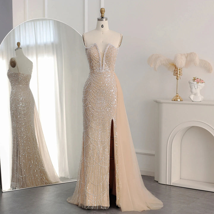 Nude Spaghetti Straps Mermaid Arabic Long Evening Dress SS611