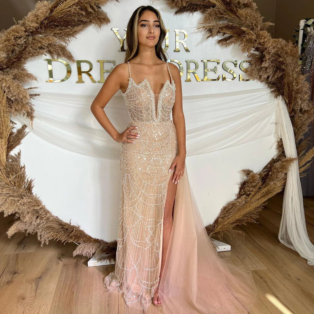 Nude Spaghetti Straps Mermaid Arabic Long Evening Dress SS611