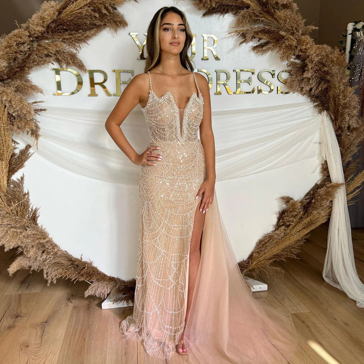 Nude Spaghetti Straps Mermaid Arabic Long Evening Dress SS611