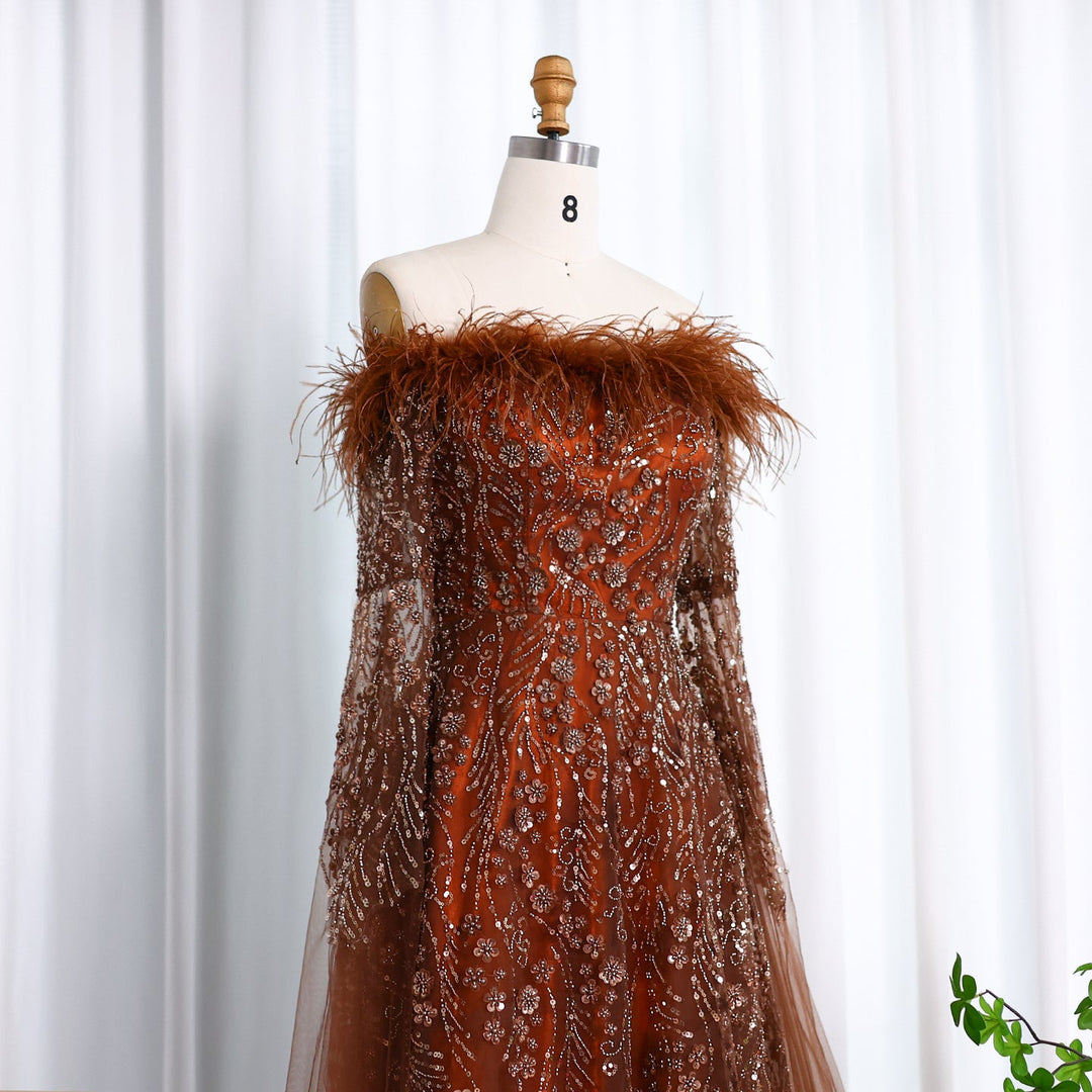 Off Shoulder Feathers Brown Evening Dress with Cape Sleeves SS707 DreamyVow Off Shoulder Feathers Brown Evening Dress with Cape Sleeves SS707 DreamyVow