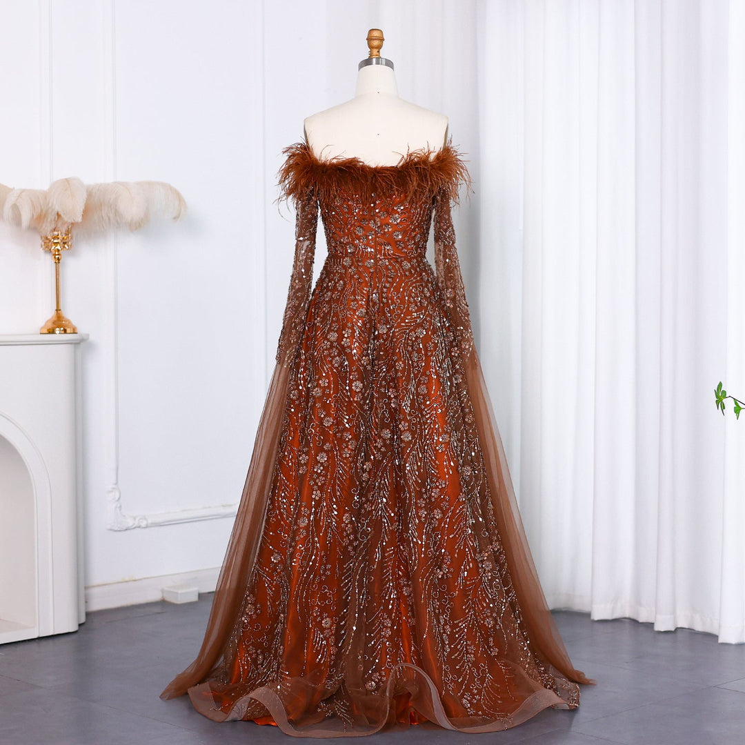 Off Shoulder Feathers Brown Evening Dress with Cape Sleeves SS707 DreamyVow Off Shoulder Feathers Brown Evening Dress with Cape Sleeves SS707 DreamyVow