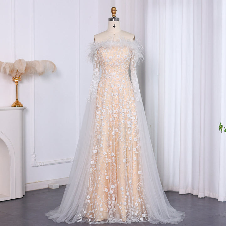 Off Shoulder Feathers Brown Evening Dress with Cape Sleeves SS707
