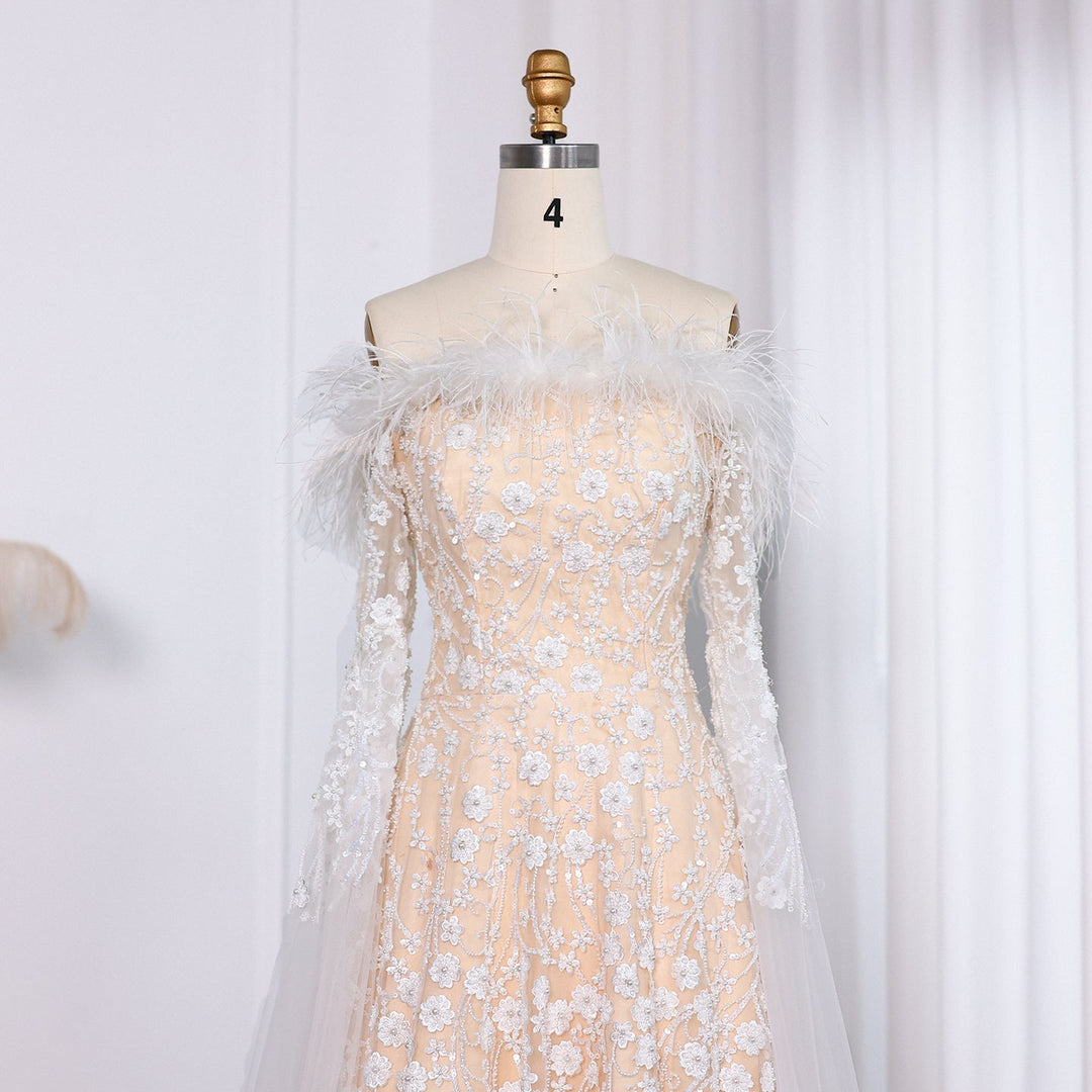 Off Shoulder Feathers Brown Evening Dress with Cape Sleeves SS707