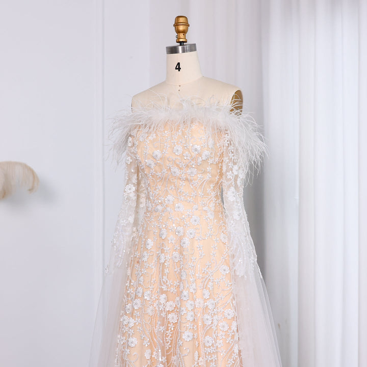 Off Shoulder Feathers Brown Evening Dress with Cape Sleeves SS707