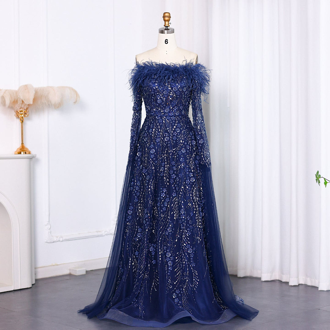 Off Shoulder Feathers Brown Evening Dress with Cape Sleeves SS707