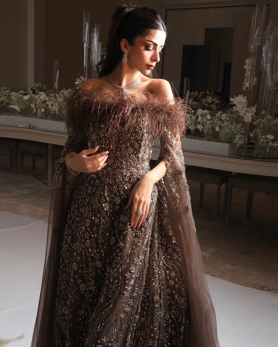 Off Shoulder Feathers Brown Evening Dress with Cape Sleeves SS707