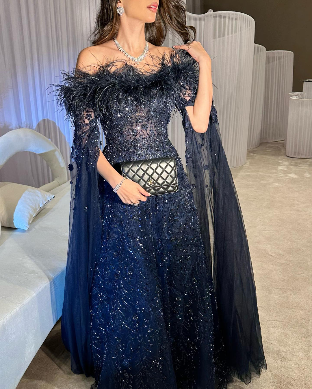 Off Shoulder Feathers Brown Evening Dress with Cape Sleeves SS707