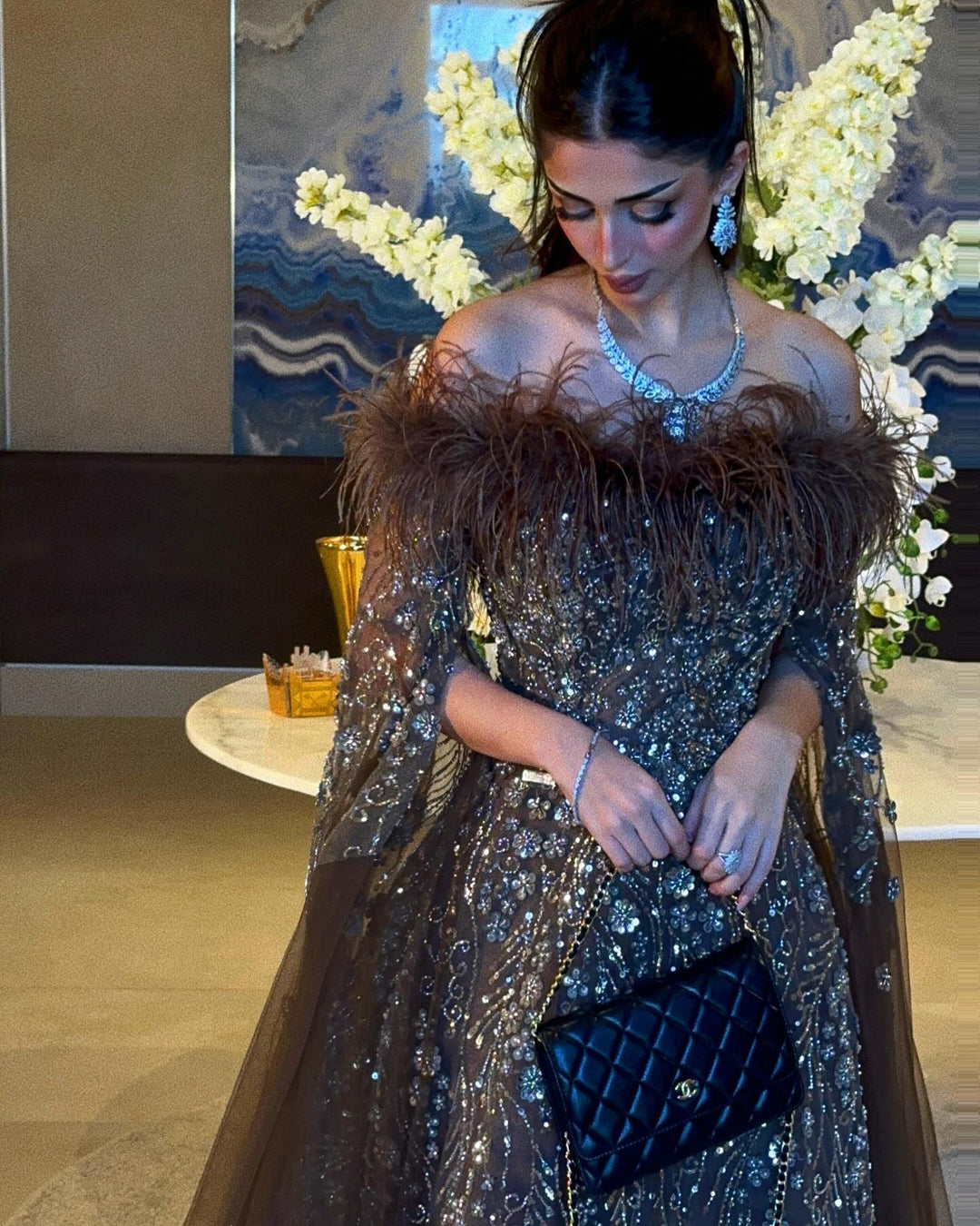Off Shoulder Feathers Brown Evening Dress with Cape Sleeves SS707