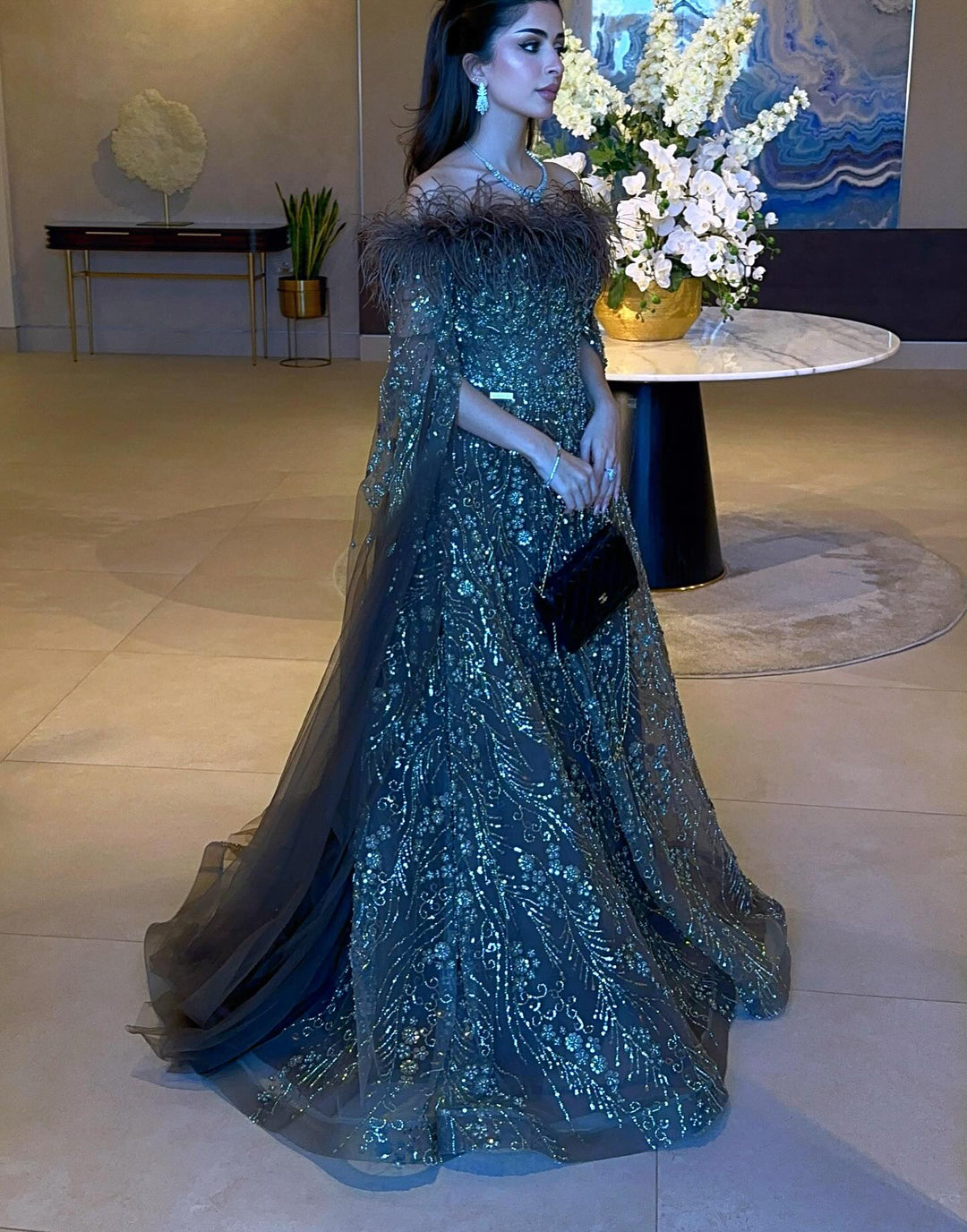 Off Shoulder Feathers Brown Evening Dress with Cape Sleeves SS707