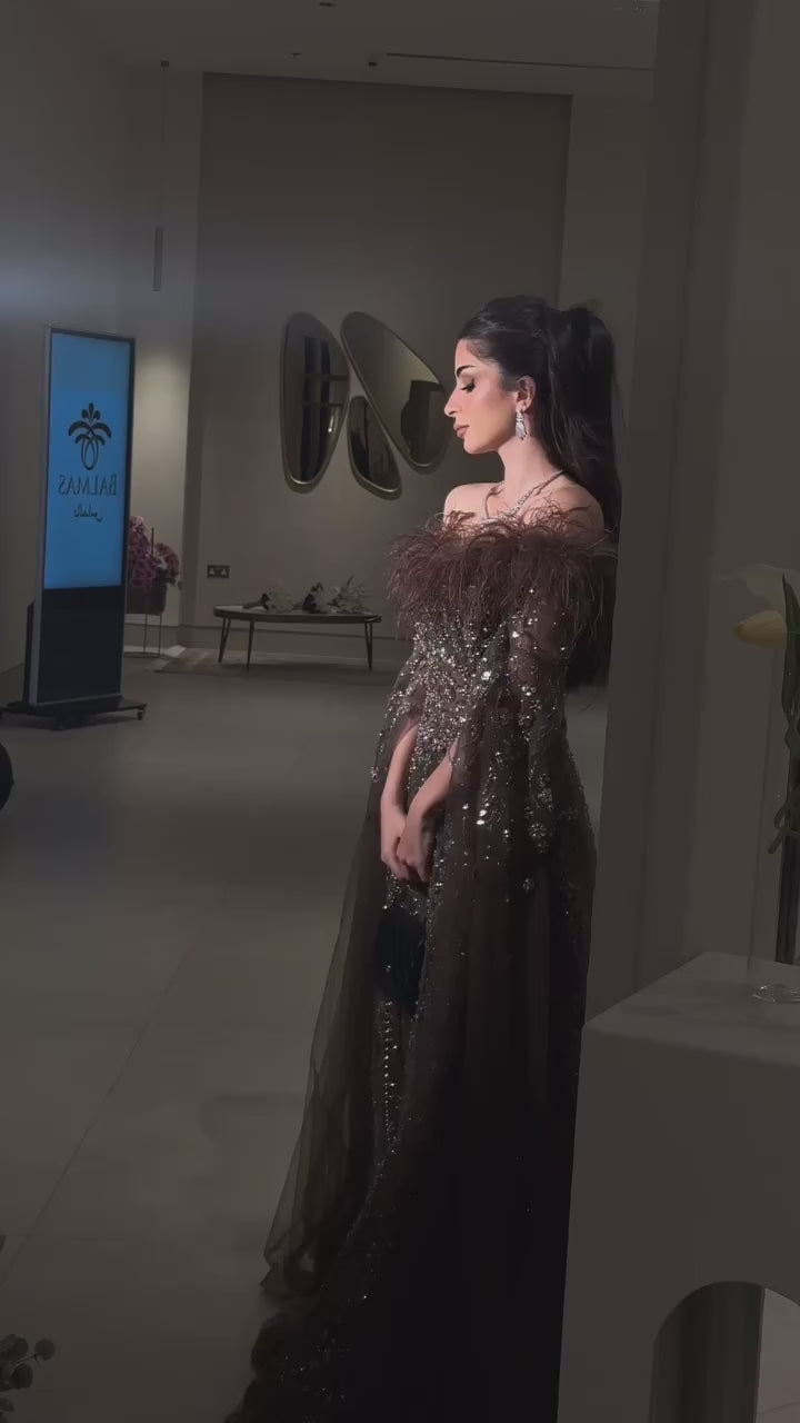 Off Shoulder Feathers Brown Evening Dress with Cape Sleeves SS707