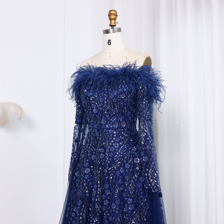 Off Shoulder Feathers Brown Evening Dress with Cape Sleeves SS707