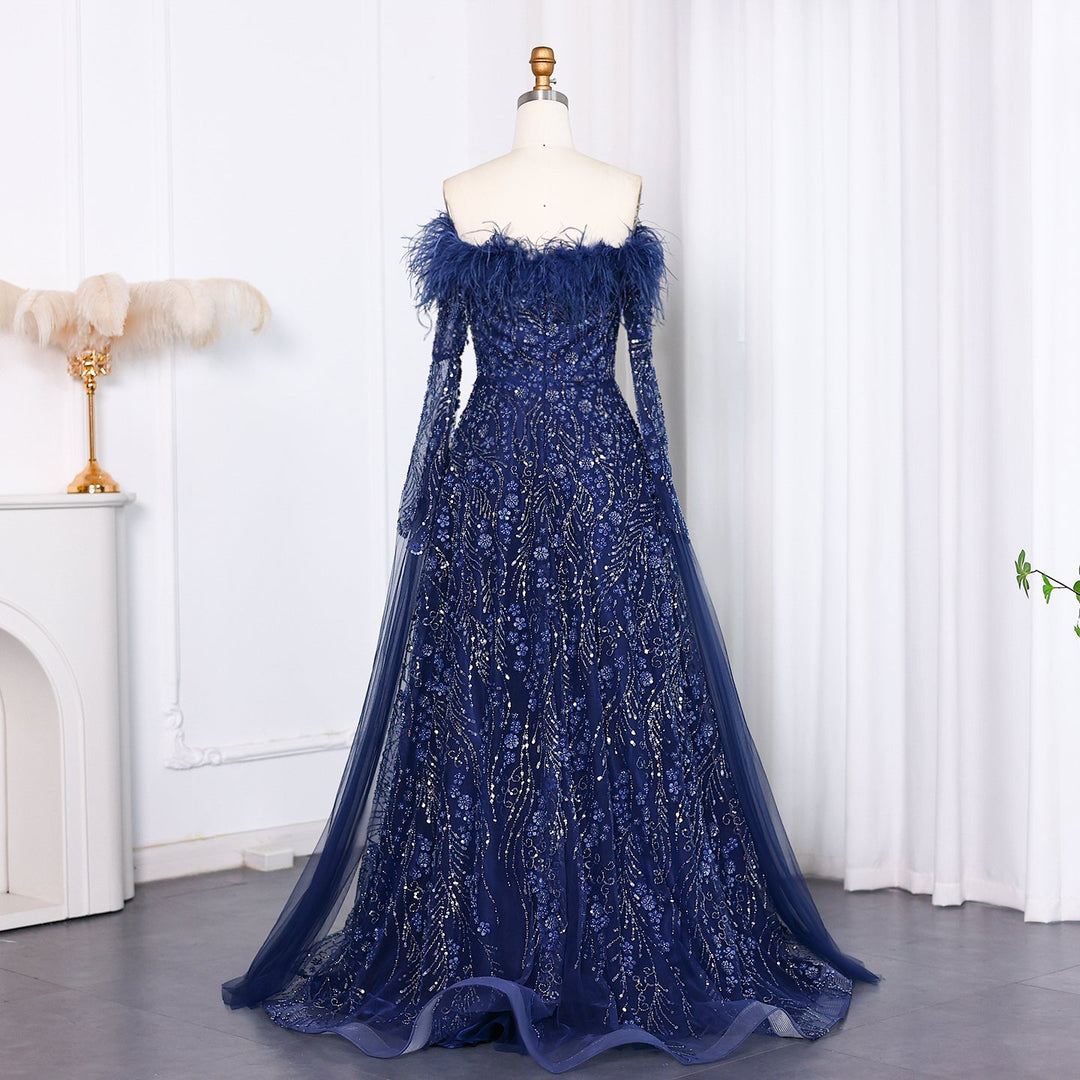 Off Shoulder Feathers Brown Evening Dress with Cape Sleeves SS707
