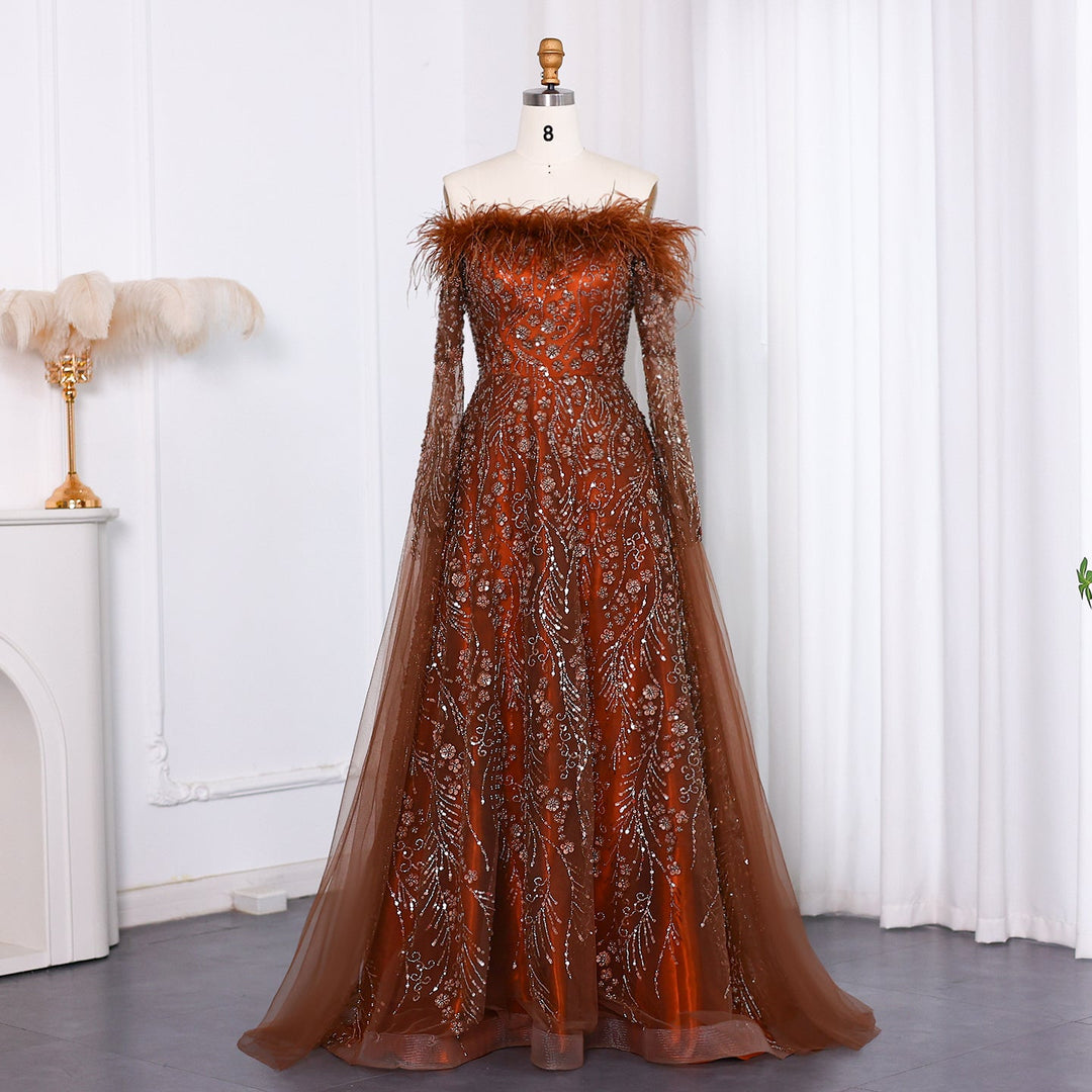 Off Shoulder Feathers Brown Evening Dress with Cape Sleeves SS707 DreamyVow Off Shoulder Feathers Brown Evening Dress with Cape Sleeves SS707 DreamyVow