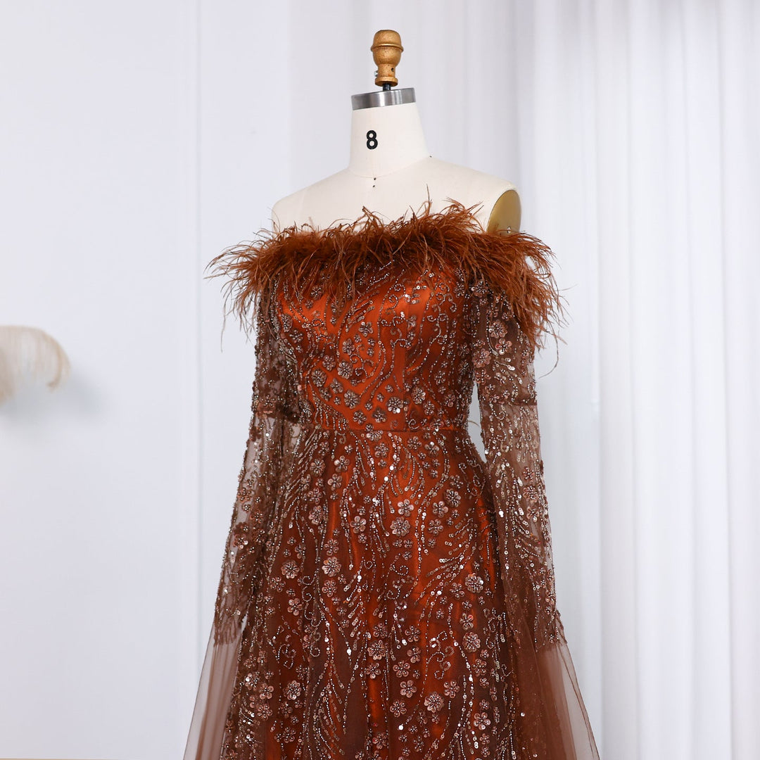Off Shoulder Feathers Brown Evening Dress with Cape Sleeves SS707 – DreamyVow
