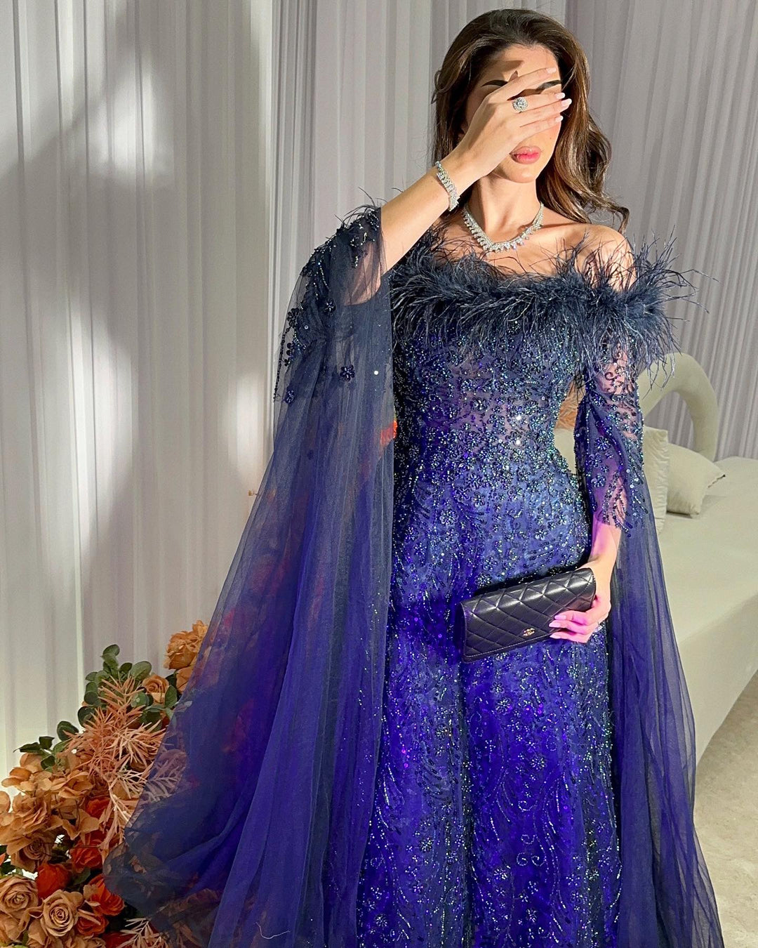 Off Shoulder Feathers Brown Evening Dress with Cape Sleeves SS707