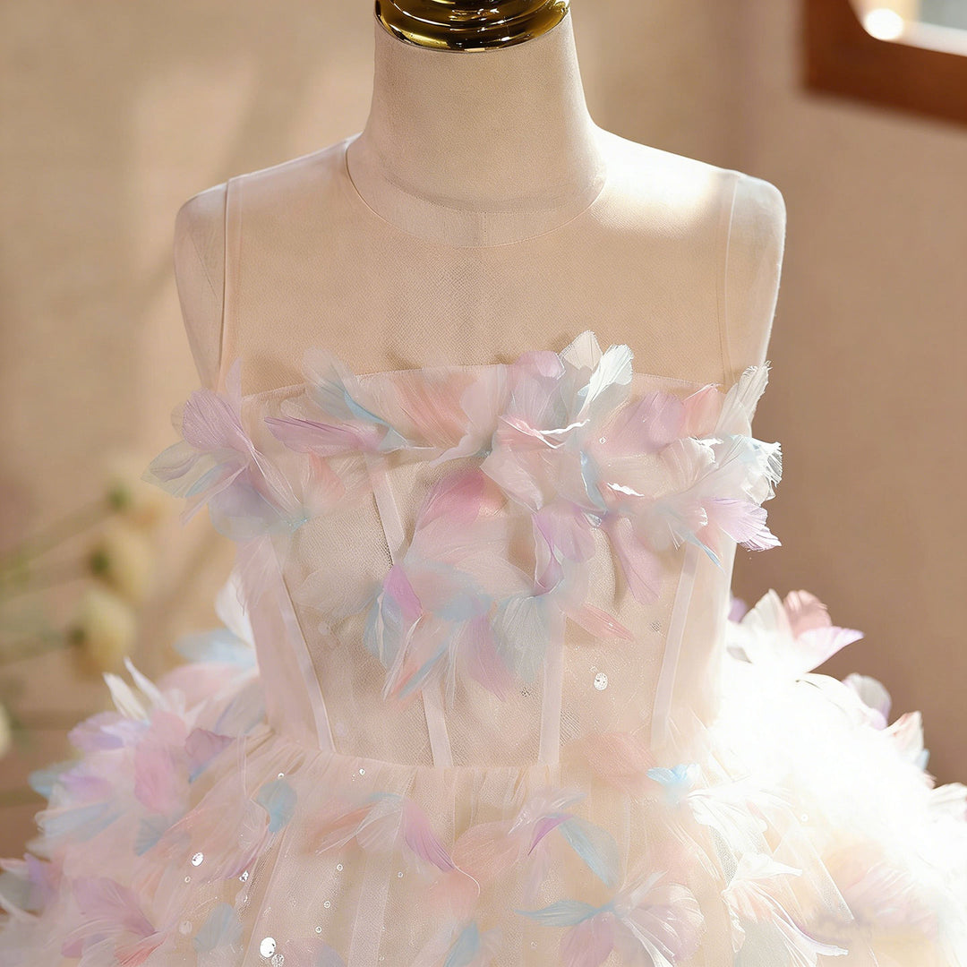 Off White Flower Girl Dress with Feather Princess Wedding Party D332