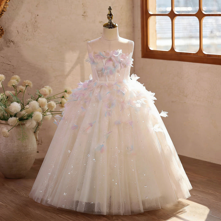 Off White Flower Girl Dress with Feather Princess Wedding Party D332