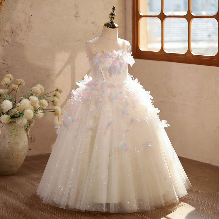 Off White Flower Girl Dress with Feather Princess Wedding Party D332