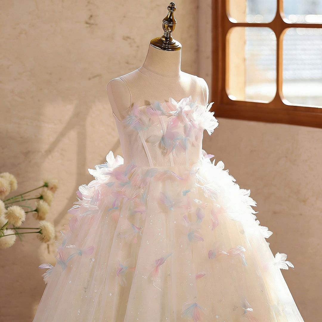 Off White Flower Girl Dress with Feather Princess Wedding Party D332