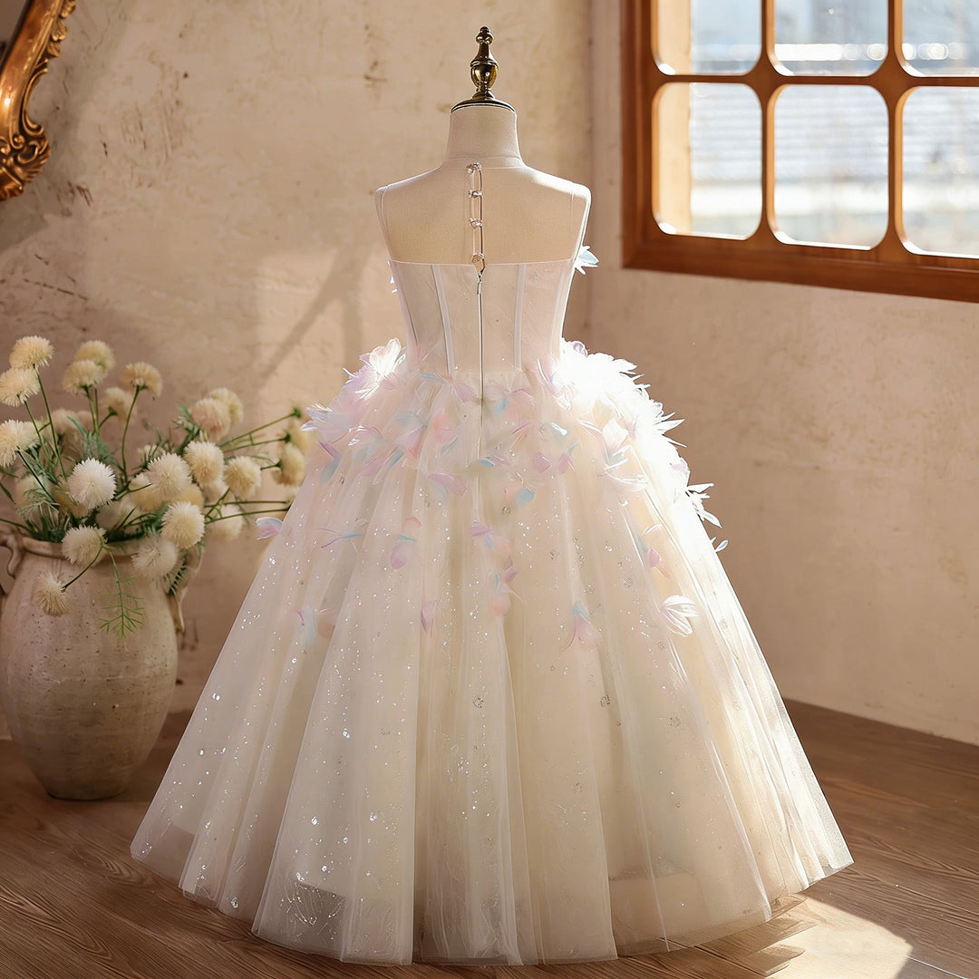 Off White Flower Girl Dress with Feather Princess Wedding Party D332