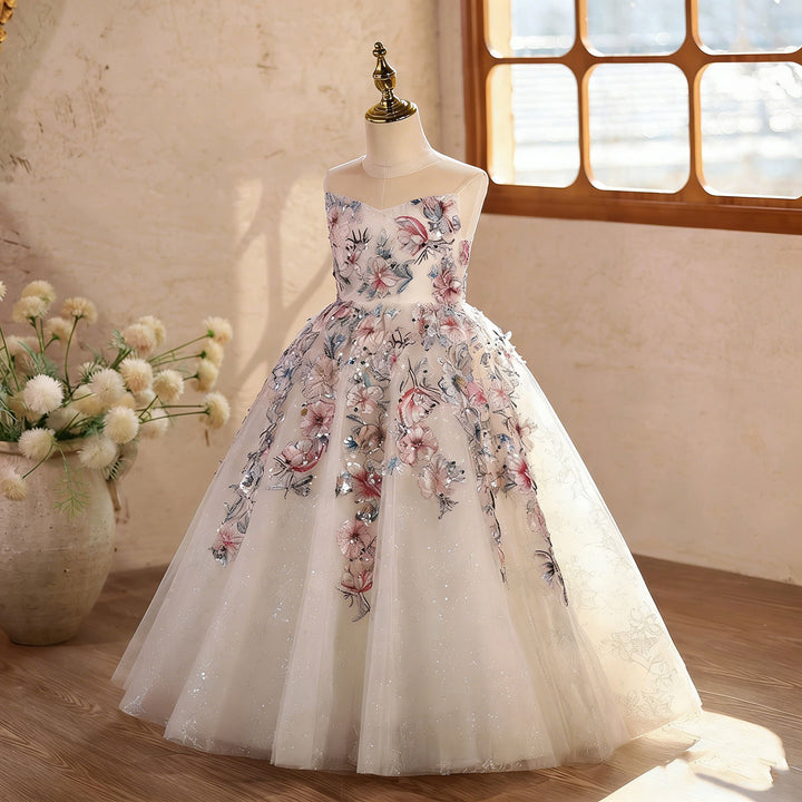 Luxury Off White Floral Flower Girl Dress with Embroidery Princess Wedding Party Gown D330