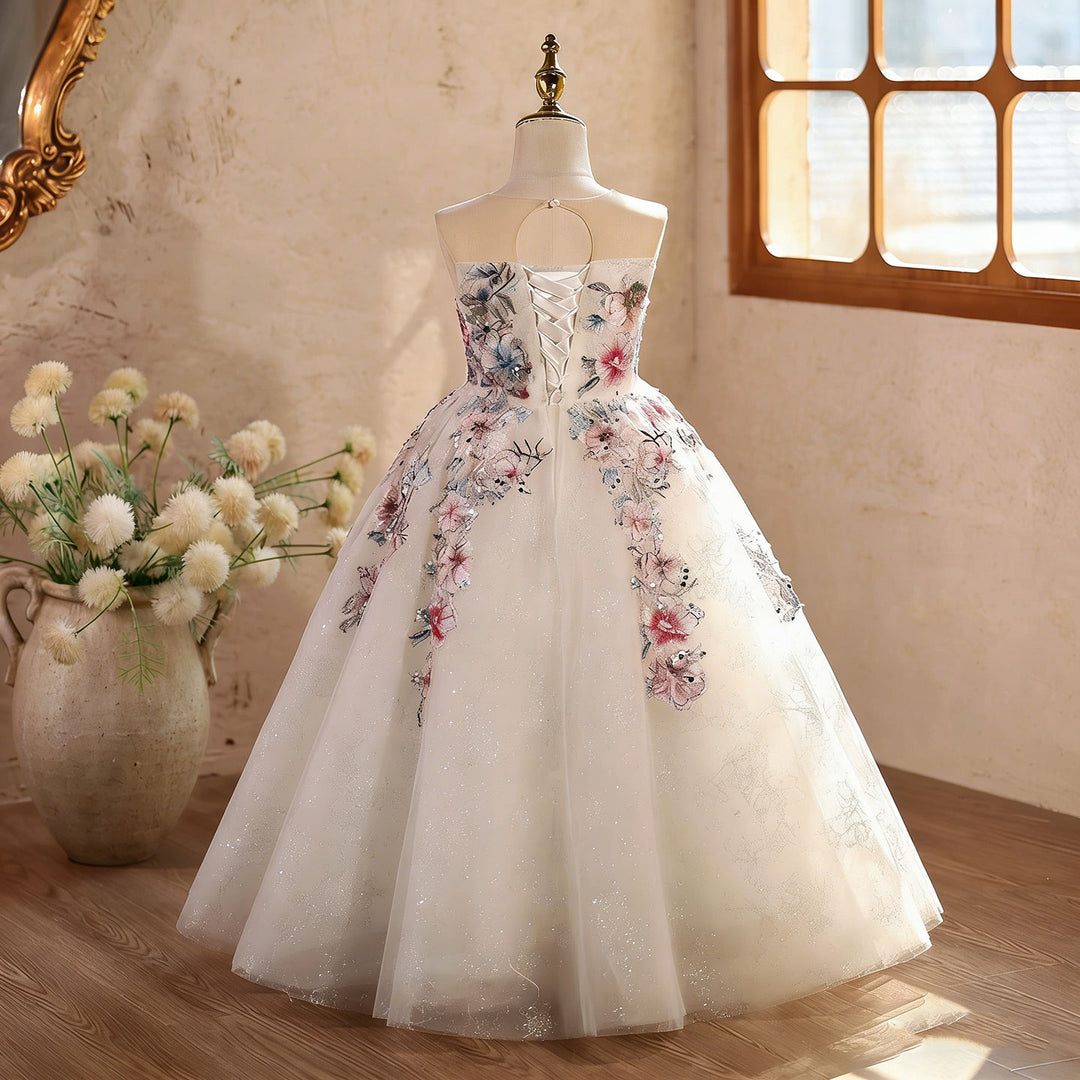 Luxury Off White Floral Flower Girl Dress with Embroidery Princess Wedding Party Gown D330