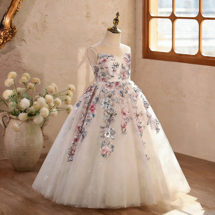 Luxury Off White Floral Flower Girl Dress with Embroidery Princess Wedding Party Gown D330
