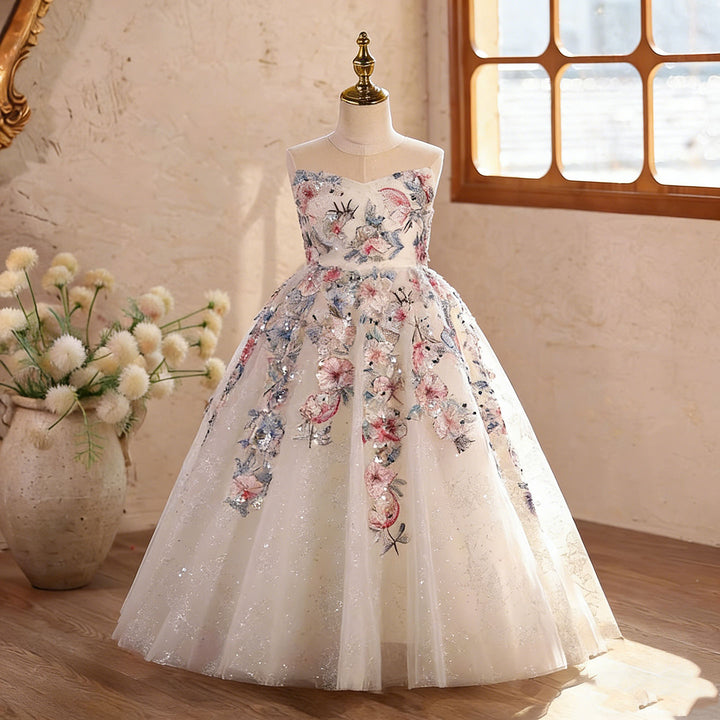 Luxury Off White Floral Flower Girl Dress with Embroidery Princess Wedding Party Gown D330