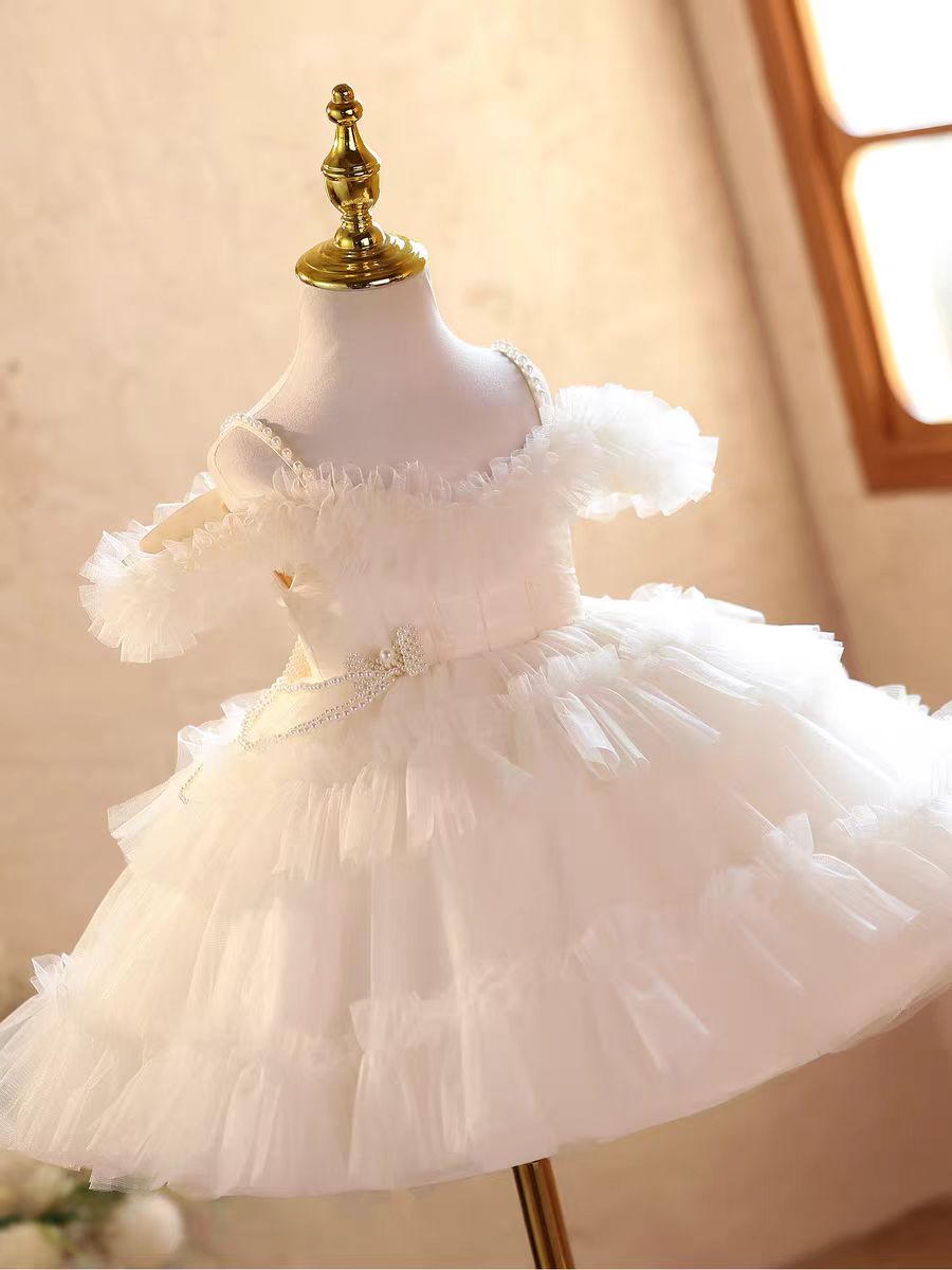 Elegant Off-Shoulder Pearl Pageant Dress for Girls Princess Party Gown D239