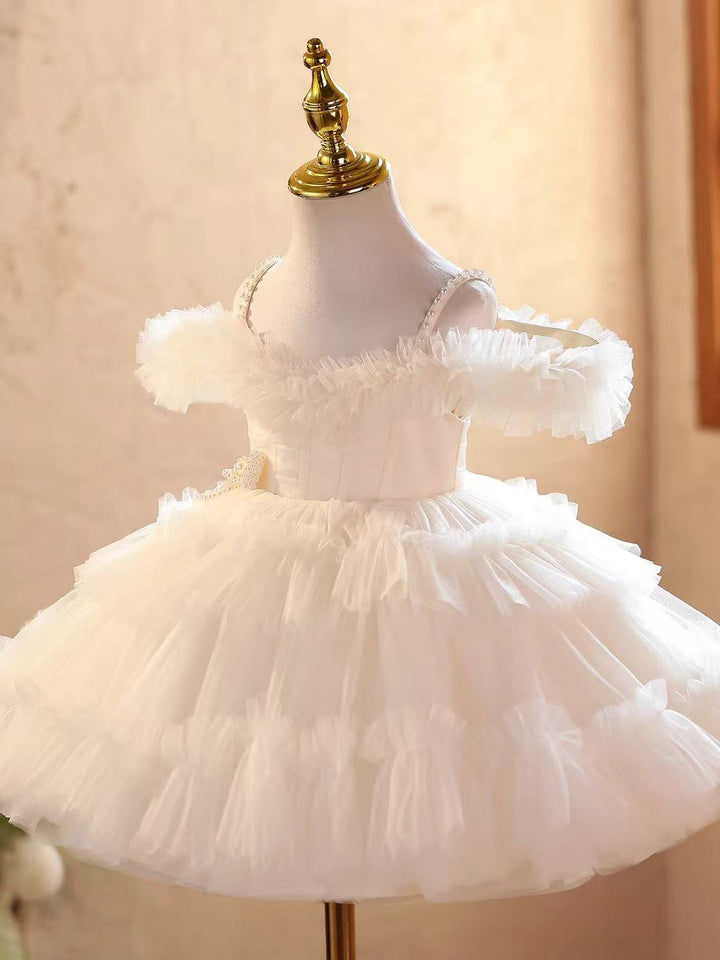 Elegant Off-Shoulder Pearl Pageant Dress for Girls Princess Party Gown D239