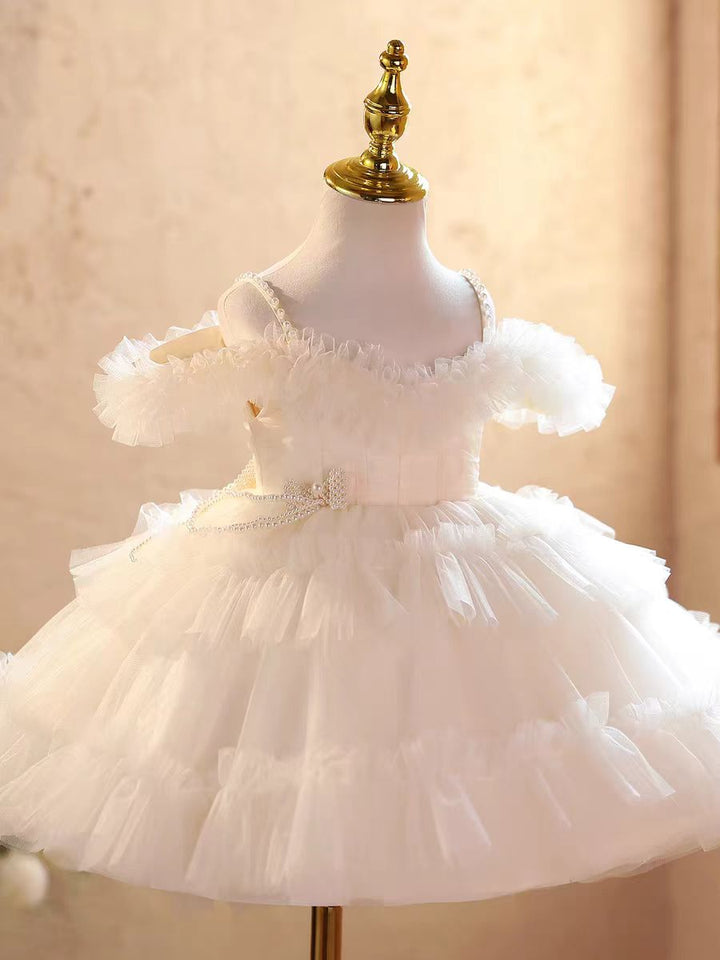 Elegant Off-Shoulder Pearl Pageant Dress for Girls Princess Party Gown D239