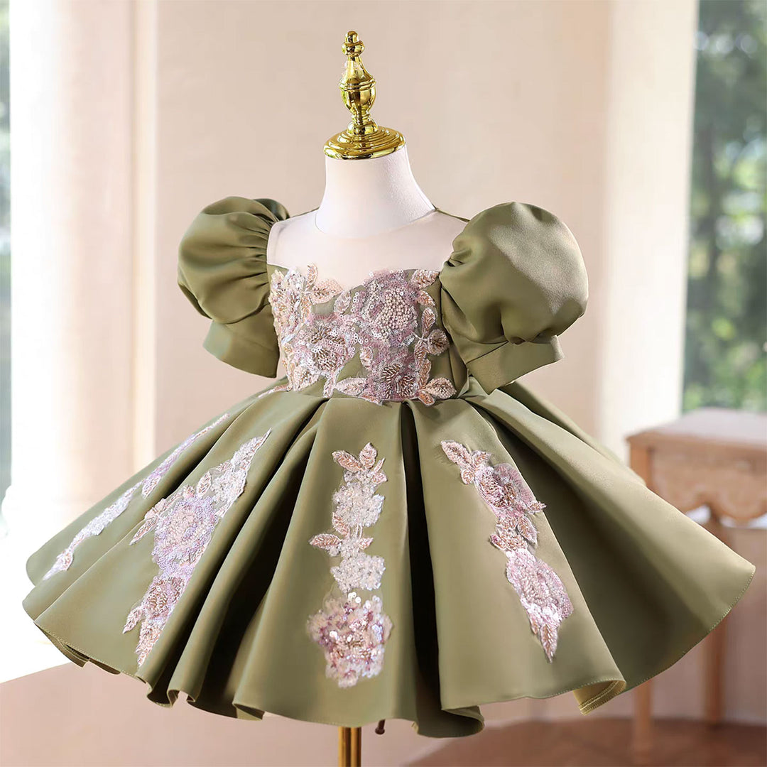 Green Flower Girl Dress Puffy Sleeves for Wedding Birthday Party D107 DreamyVow Green Flower Girl Dress Puffy Sleeves for Wedding Birthday Party D107 DreamyVow