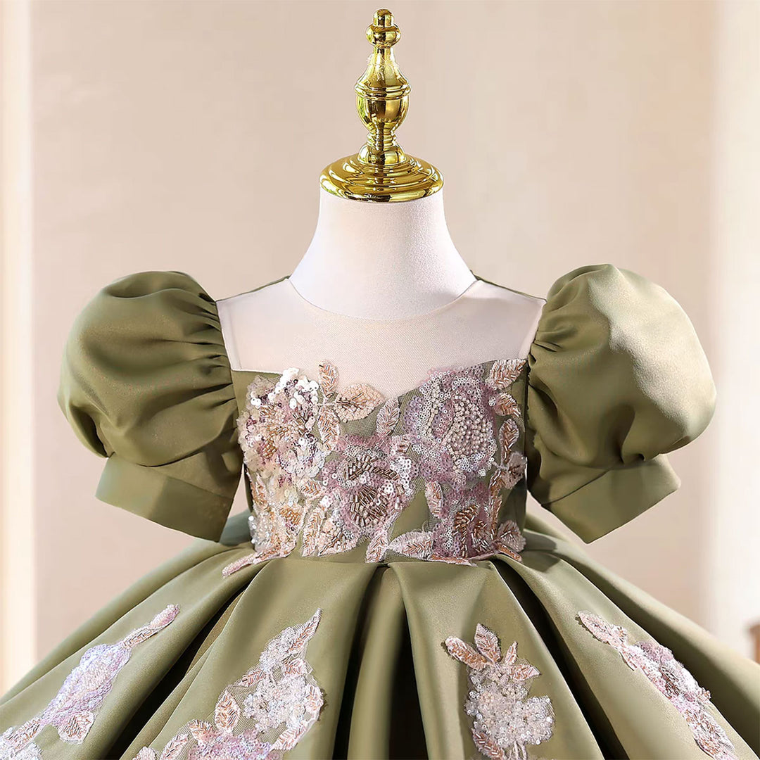 Green Flower Girl Dress Puffy Sleeves for Wedding Birthday Party D107 DreamyVow Green Flower Girl Dress Puffy Sleeves for Wedding Birthday Party D107 DreamyVow