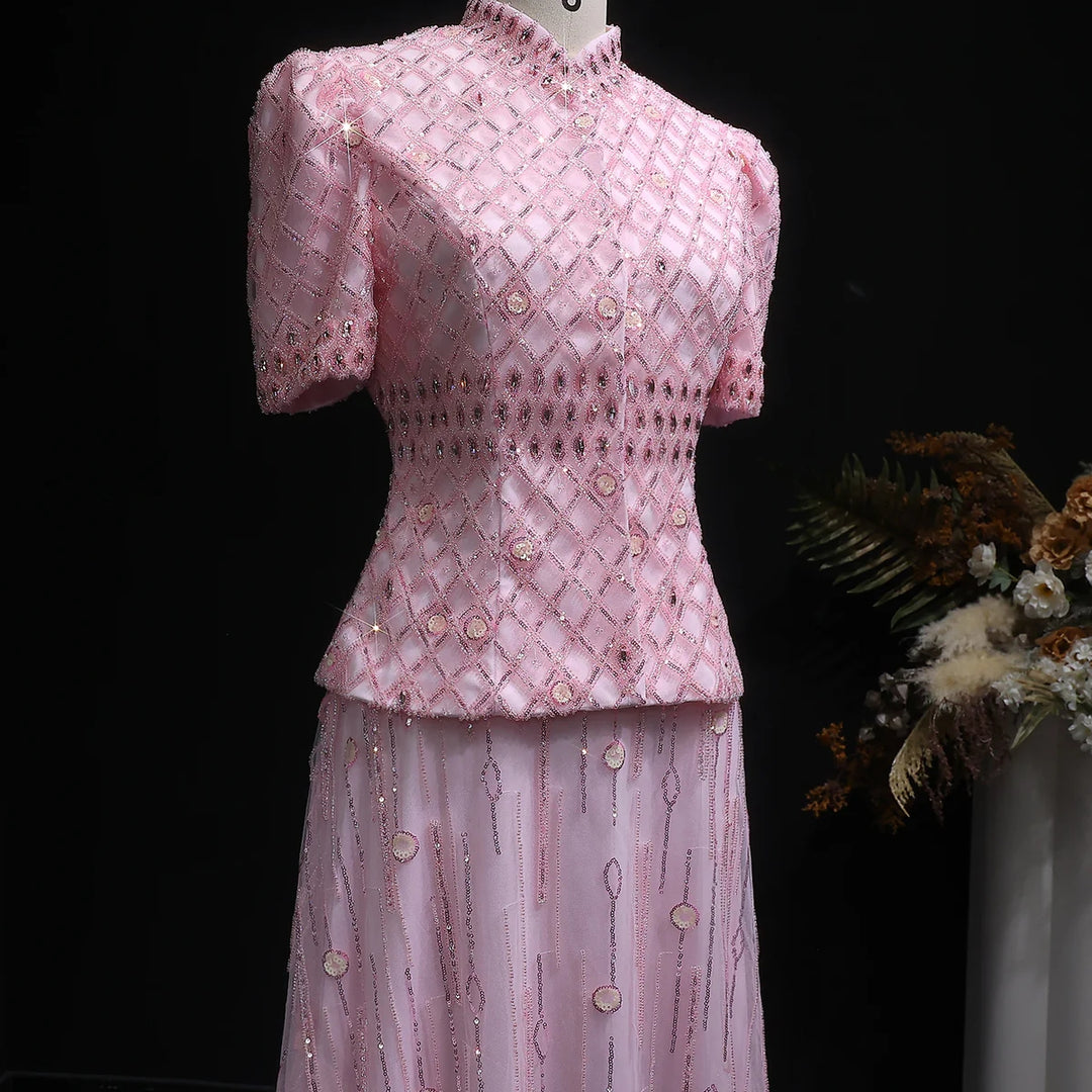 Luxury Pink Two Pieces Evening Dress with Crystals SS546