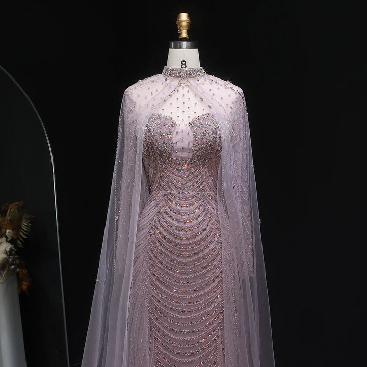 Elegant Beaded Evening Dress with Sheer Cape SS165