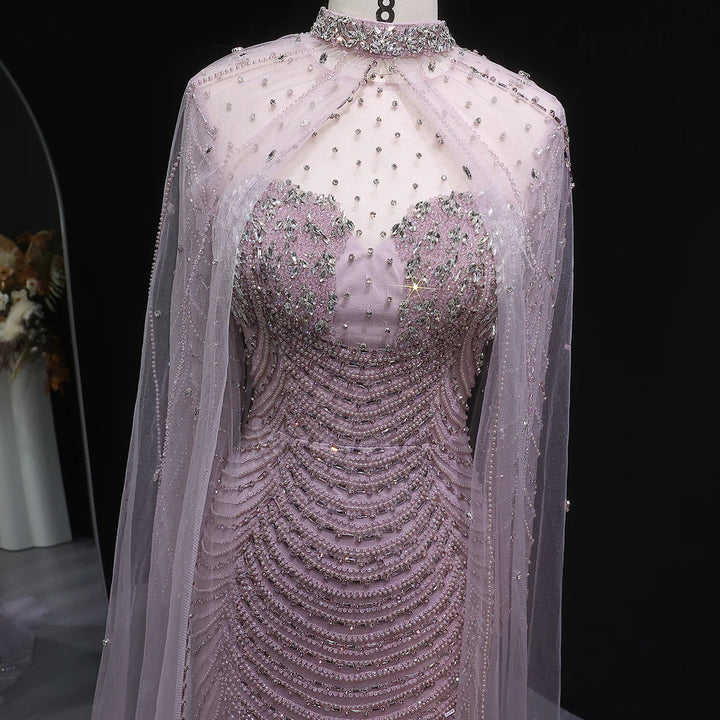 Elegant Beaded Evening Dress with Sheer Cape SS165