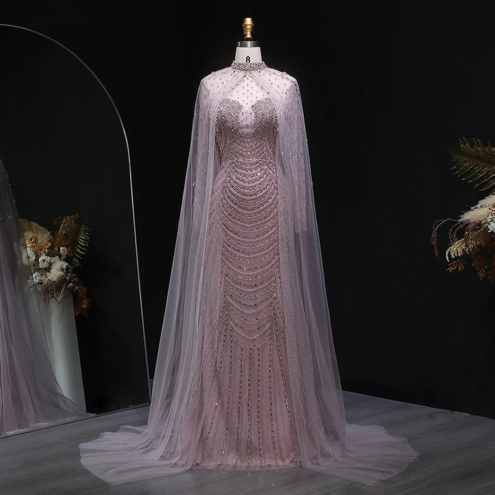 Elegant Beaded Evening Dress with Sheer Cape SS165