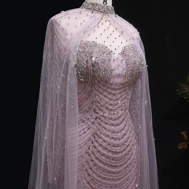 Elegant Beaded Evening Dress with Sheer Cape SS165