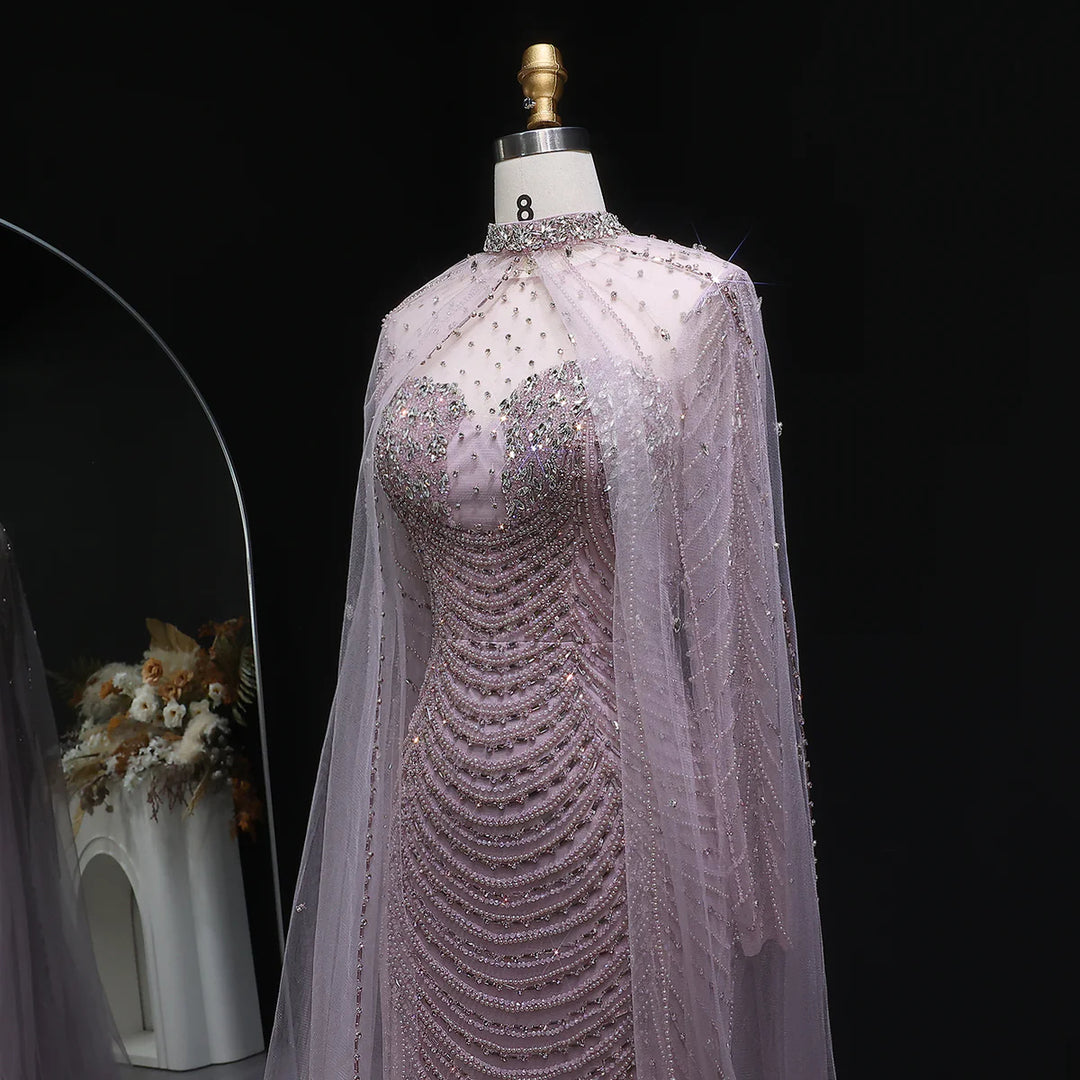 Elegant Beaded Evening Dress with Sheer Cape SS165