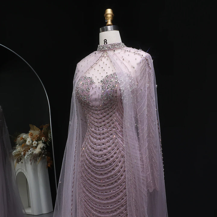 Elegant Beaded Evening Dress with Sheer Cape SS165