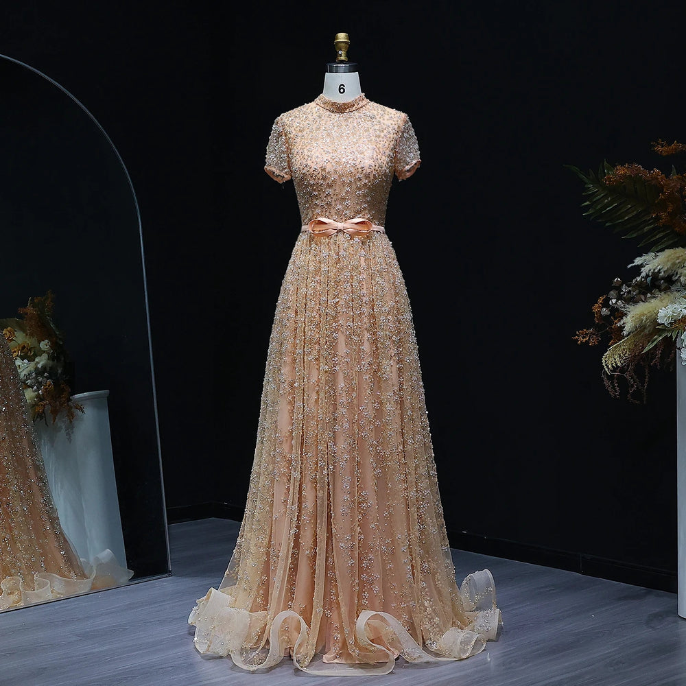 Peach Embroidered Gown with Bow, Beaded Arabic Wedding Dress SS304